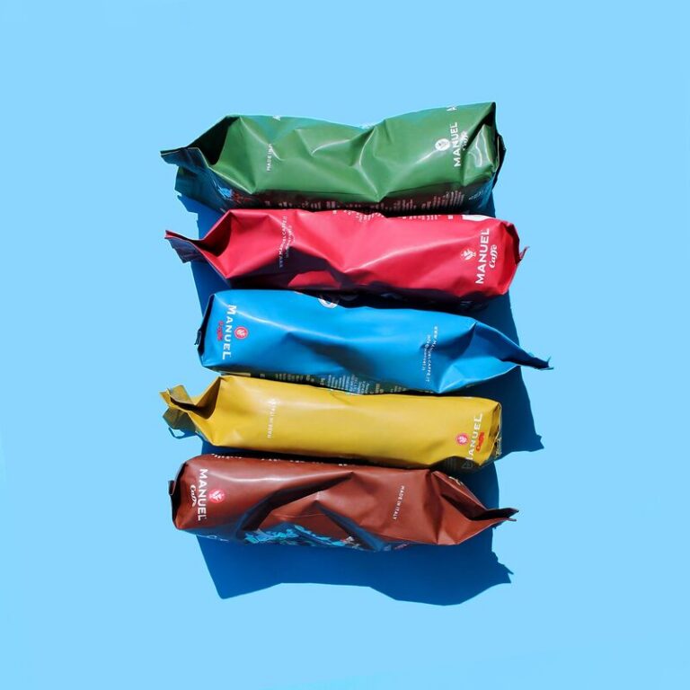 Stack of colourful coffee packs